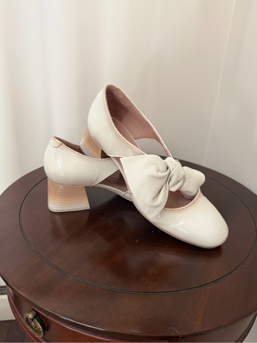 Cream Knotted Bow Block Heel Pumps